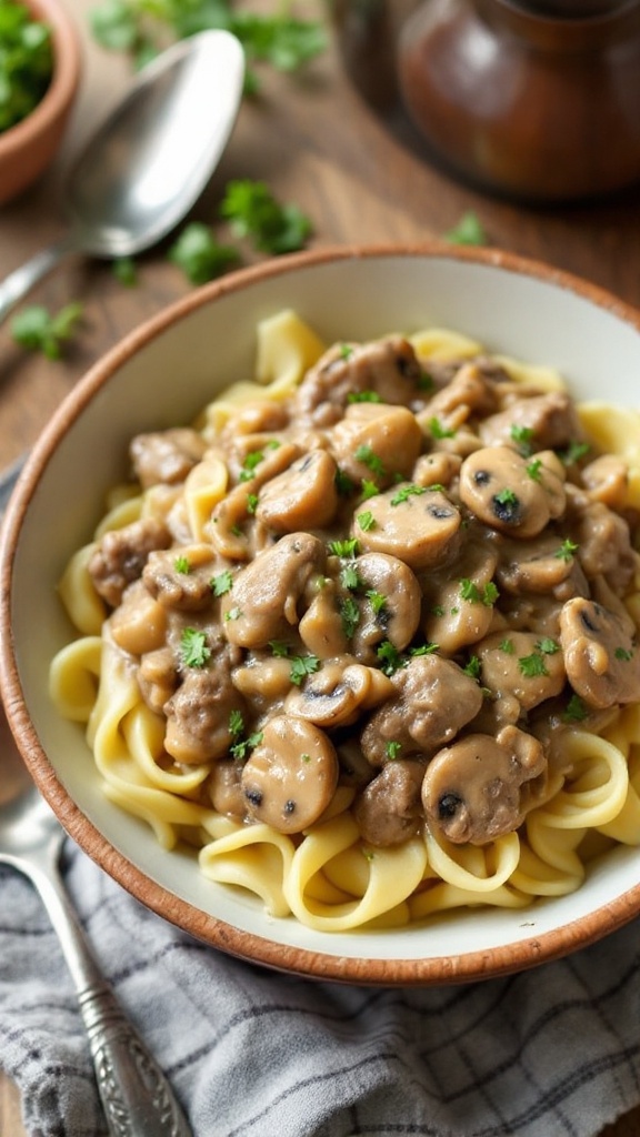 A bowl of creamy beef stroganoff with tender beef and mushrooms over egg noodles, garnished with parsley, on a rustic table.